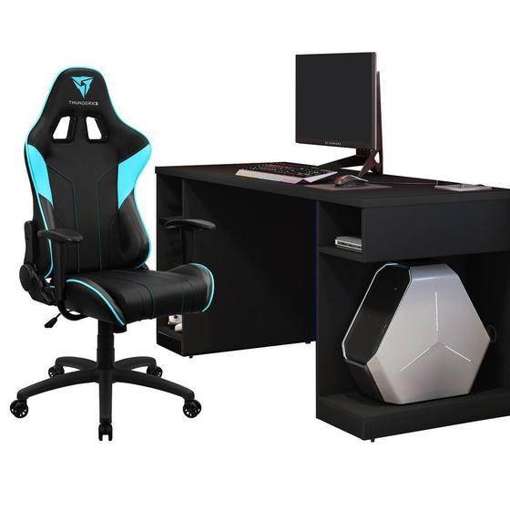 Imagem de Kit Mesa Para PC Gamer Destiny Preto com Cadeira Gamer EC3 ThunderX3 Preto Ciano - Lyam Decor