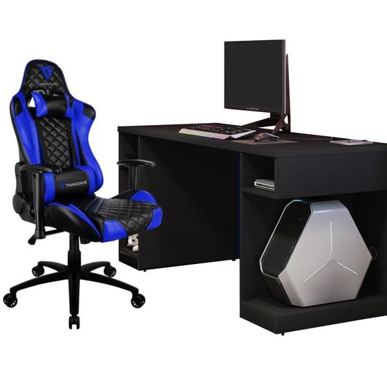 Imagem de Kit Mesa Para PC Gamer Destiny Preto com Cadeira Gamer TGC12 ThunderX3 Preto Azul - Lyam Decor