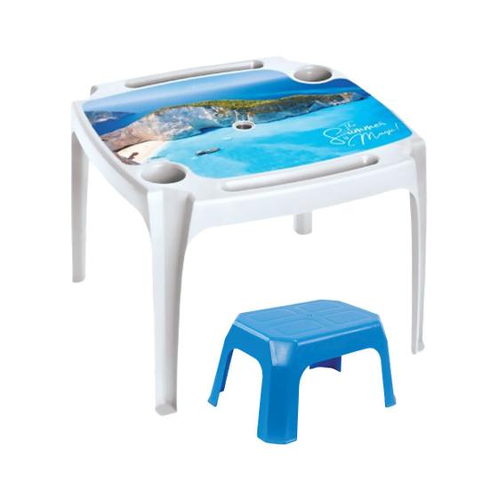 Imagem de Kit Mesa Pequena Branca Com Porta Copo + Banqueta Infantil