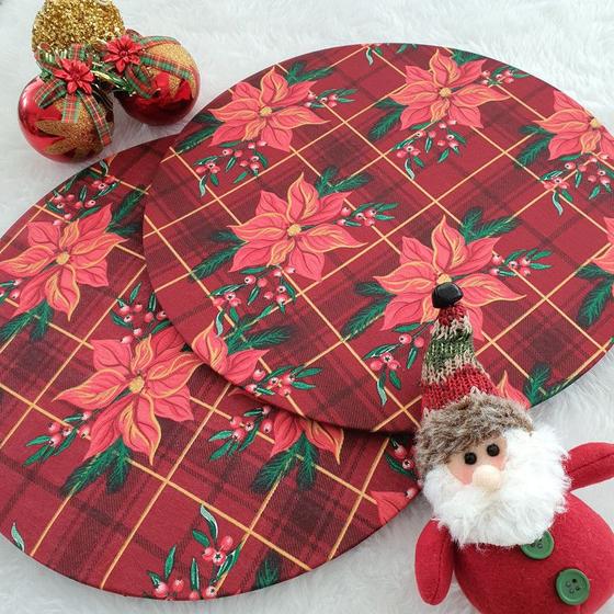 Imagem de Kit Mesa Posta 10 Bases MDF 35CM + 10 Capas de Sousplat Em Tecido Flor Natalina Vermelho Tricoline 100% Algodão