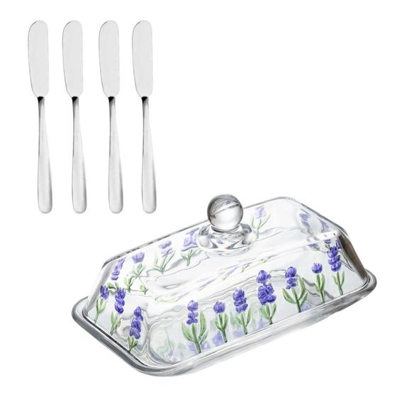 Kit Mesa Posta Manteigueira Cristal Lavanda + 4 Espátulas Premium