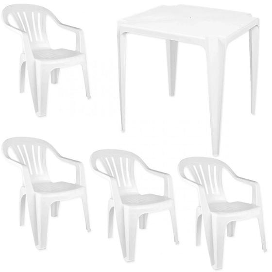Imagem de Kit Mesa Quadrada Bela Vista + 4 Cadeiras em Plastico Branca  Mor e Lazer 