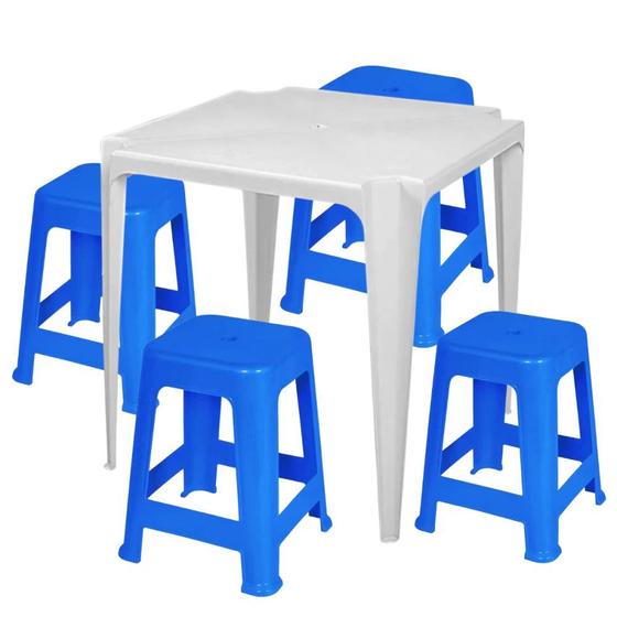 Imagem de Kit Mesa Quadrada em Plastico Branca + 4 Banquetas em Plastico Azul  Mor 
