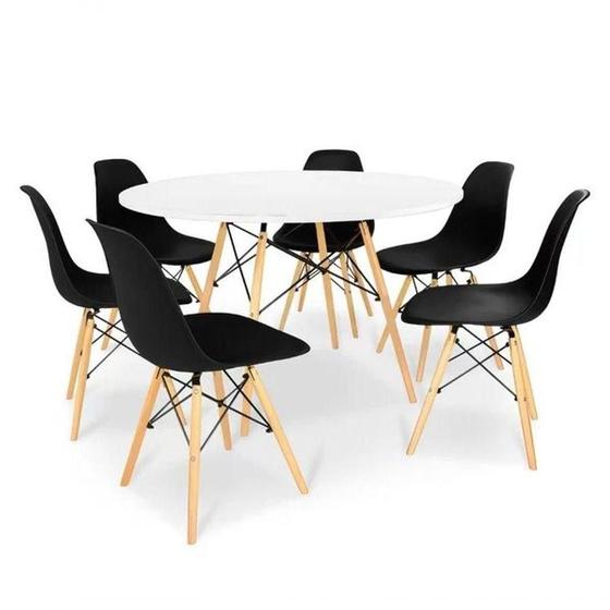 Imagem de Kit - Mesa Redonda Eames 120 Cm Branco + 6 Cadeiras Eiffel Dsw Preto