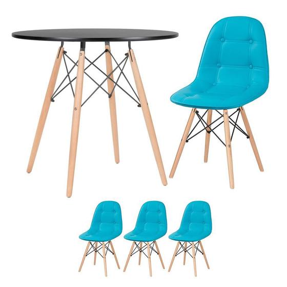 Imagem de KIT - Mesa redonda Eames 80 cm preto + 3 cadeiras estofadas Eiffel Botonê