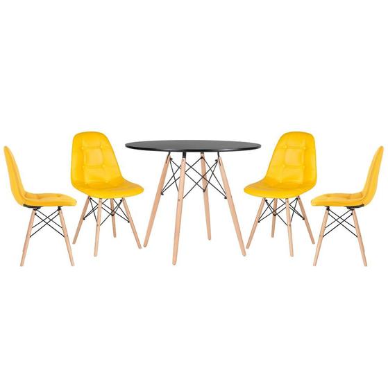 Imagem de KIT - Mesa redonda Eames 90 cm preto + 4 cadeiras estofadas Eiffel Botonê