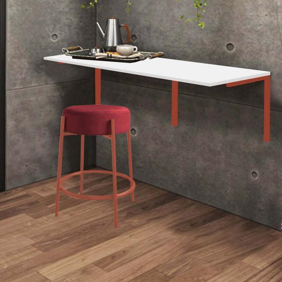 Imagem de Kit Mesa Suspensa de Parede Fixa MDF Branco + 1 Banqueta Sintra Ferro Rose Gold material sintético Vermelho - Ahazzo Móveis