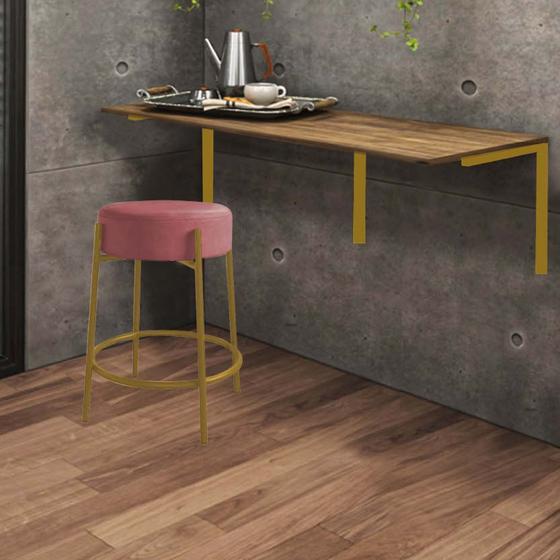 Imagem de Kit Mesa Suspensa de Parede Fixa MDF Castanho + 1 Banqueta Sintra Ferro Dourado Suede Rose - Ahazzo Móveis