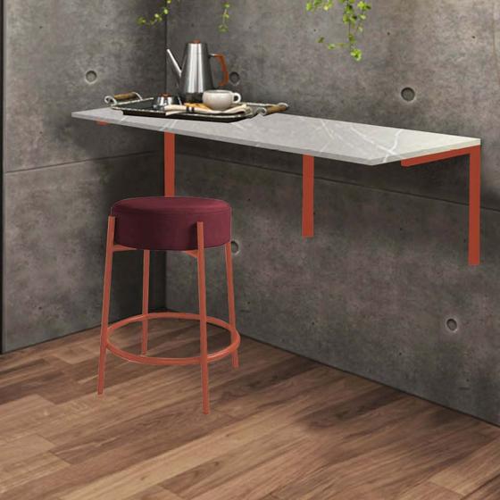 Imagem de Kit Mesa Suspensa de Parede Fixa MDF Marmorizado + 1 Banqueta Sintra Ferro Rose Gold Suede Bordô - Ahazzo Móveis