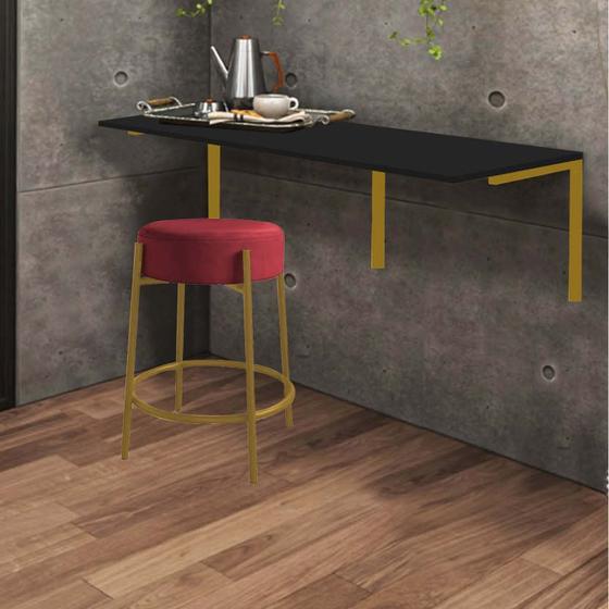 Imagem de Kit Mesa Suspensa de Parede Fixa MDF Preto + 1 Banqueta Sintra Ferro Dourado Suede Vermelho - Ahazzo Móveis