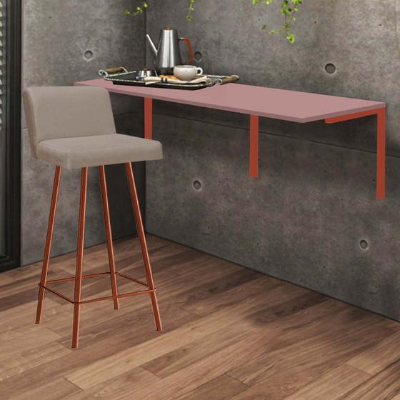 Imagem de Kit Mesa Suspensa de Parede Fixa MDF Rosa + 1 Banqueta Lexi Ferro Bronze material sintético Bege - Ahazzo Móveis