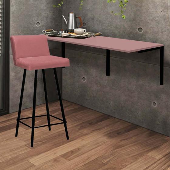 Imagem de Kit Mesa Suspensa de Parede Fixa MDF Rosa + 1 Banqueta Lexi Ferro Preto Suede Rose - Ahazzo Móveis