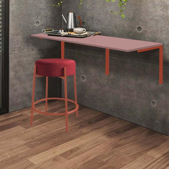 Imagem de Kit Mesa Suspensa de Parede Fixa MDF Rosa + 1 Banqueta Sintra Ferro Bronze Sintético Vermelho - Ahazzo Móveis