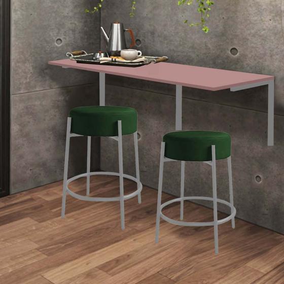 Imagem de Kit Mesa Suspensa de Parede Fixa MDF Rosa + 2 Banquetas Sintra Ferro Cinza Suede Verde - Ahazzo Móveis