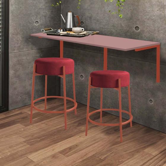 Imagem de Kit Mesa Suspensa de Parede Fixa MDF Rosa + 2 Banquetas Sintra Ferro Rose Gold Sintético Vermelho - Ahazzo Móveis