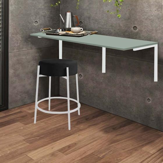 Imagem de Kit Mesa Suspensa de Parede Fixa MDF Verde Oliva + 1 Banqueta Sintra Ferro Branco Suede Preto - Ahazzo Móveis