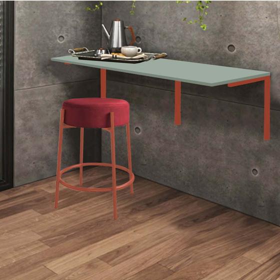 Imagem de Kit Mesa Suspensa de Parede Fixa MDF Verde Oliva + 1 Banqueta Sintra Ferro Bronze Suede Vermelho - Ahazzo Móveis