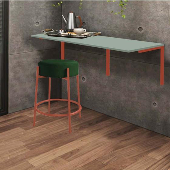 Imagem de Kit Mesa Suspensa de Parede Fixa MDF Verde Oliva + 1 Banqueta Sintra Ferro Cobre Suede Verde - Ahazzo Móveis