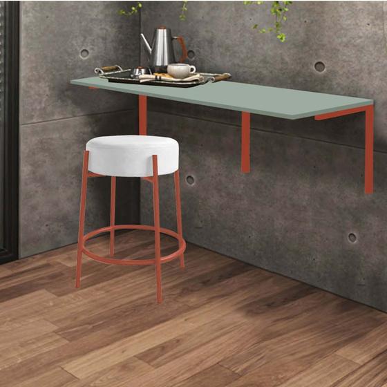 Imagem de Kit Mesa Suspensa de Parede Fixa MDF Verde Oliva + 1 Banqueta Sintra Ferro Rose Gold material sintético Branco - Ahazzo Móveis