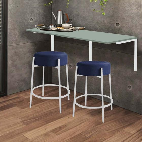 Imagem de Kit Mesa Suspensa de Parede Fixa MDF Verde Oliva + 2 Banquetas Sintra Ferro Branco Suede Azul Marinho - Ahazzo Móveis