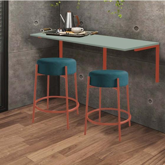 Imagem de Kit Mesa Suspensa de Parede Fixa MDF Verde Oliva + 2 Banquetas Sintra Ferro Rose Gold Suede Azul Turquesa - Ahazzo Móveis