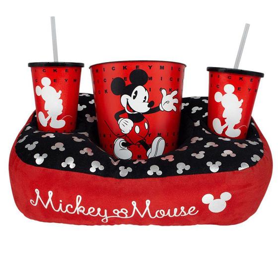 Imagem de Kit Mickey Mouse Almofada Suede + Balde Pipoca + 2 Copos Oficial Disney - Zona Criativa