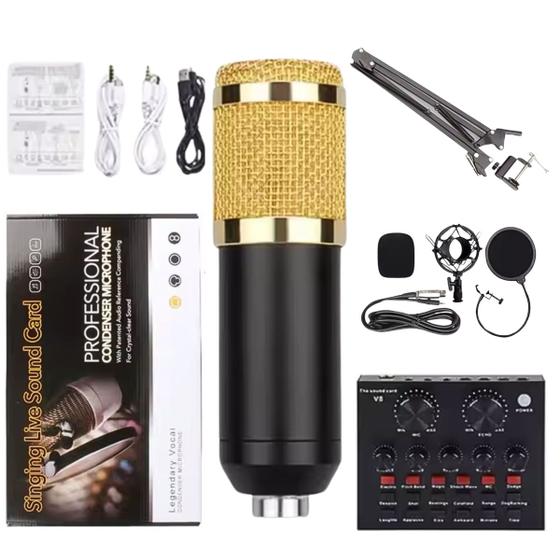 Imagem de Kit Microfone Condensador V8BM800 XLR Dourado com Fio e Interface de Mesa e Braço Articulado