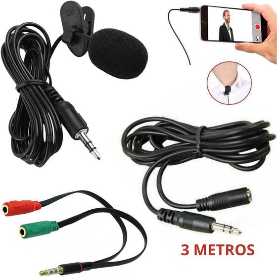 Imagem de Kit Microfone de Lapela Estéreo P2 + cabo extensão 3 metros adaptador Celular Camera Vlog Gravação