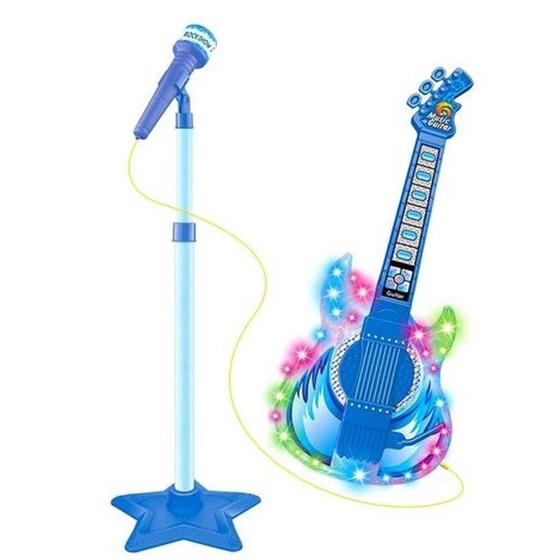 Imagem de Kit microfone guitarra infantil rock star amplificador musical pedestal karaoke mp3 celular azul menino