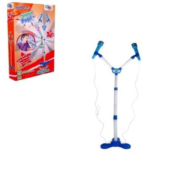 Imagem de Kit microfone infantil duplo com pedestal conecta no celular som e luz de led karaoke rock hero squad menino