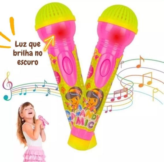 Imagem de Kit Microfone Infantil Feminino Brinquedo Musical com Luz e Som para Crianças Princesas + Óculos de Sol Coração Rosa