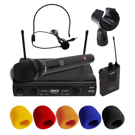 Imagem de Kit Microfone sem Fio Duplo Mão e Headset TK U211 UHF com Suporte B18A e Espuma Onyx