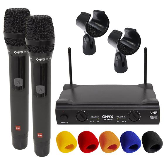 Imagem de Kit Microfone sem Fio Duplo TK U220 UHF com 2 Suportes B18A e Espuma Onyx