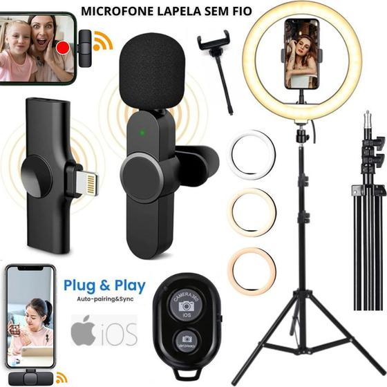 Imagem de Kit Microfone Sem Fio iPhone Ring Light Luz Suporte Tripé Filmagem Tiktok Vídeo Aula