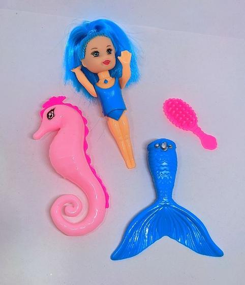 Imagem de Kit Mini Boneca Princesa Sereia Pequena Filha Articulada mais Golfinho Cavalo Marinho Mar + Acessorio Presente Meninas