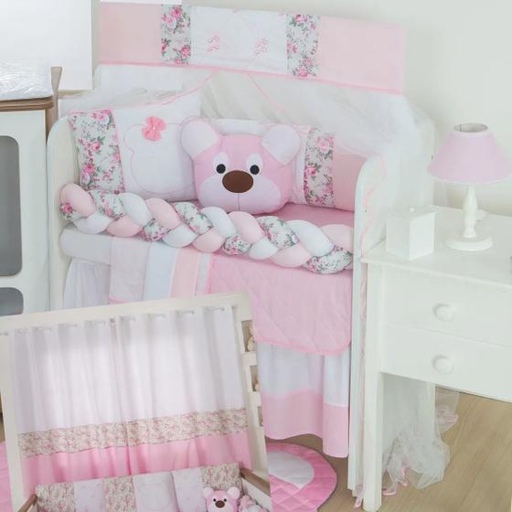 Imagem de Kit Mini Cama Berço Menina Ursinha Dengoso Rosa + Saia E Cortina