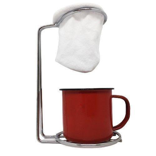 Imagem de Kit Mini Coador Café Individual Aço Cromado E Caneca Esmaltada Vermelha