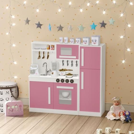 Imagem de Kit Mini Cozinha Perfeita Rosa Completa com Geladeira 100% MDF Infantil
