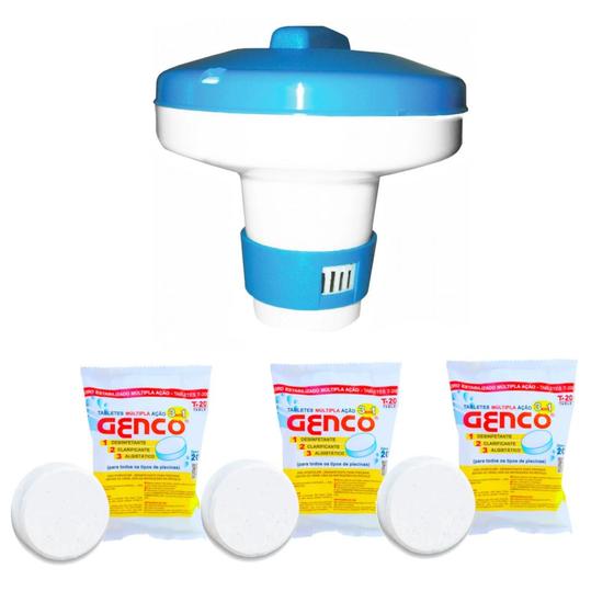 Kit Mini Flutuador Clorador + 3 Pastilhas de Cloro 200g para Piscinas Genco Menor preço em Kit Mini Flutuador Clorador + 3 Pastilhas de Cloro 200g para Piscinas Genco