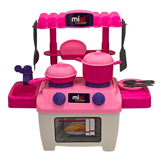 Imagem de kit Mini Fogão com Acessórios, Pia e Mesa Removíveis panelas pratos talheres diversão crianças meninas criatividade cozinha