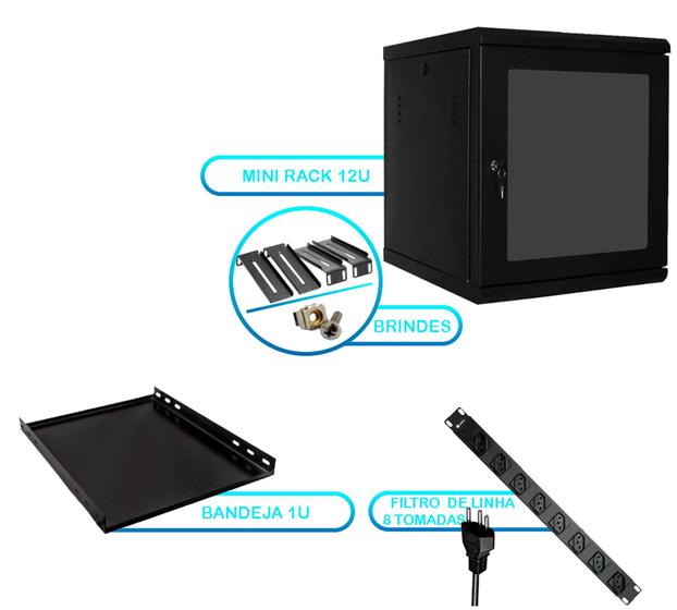 Imagem de Kit Mini Rack De Parede 12u Com Bandeja 1u + Régua 8 Tomadas