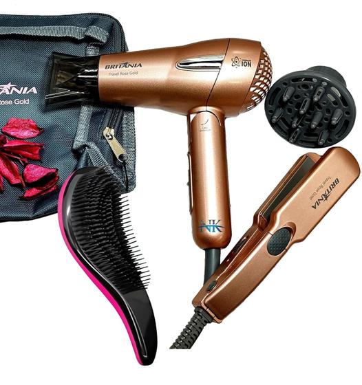 Imagem de Kit Mini Secador De Cabelo Britania 1200w Difusor Chapinha Titanium Pequeno Viagem Dobravel Bivolt Com Bolsa Escova Flex