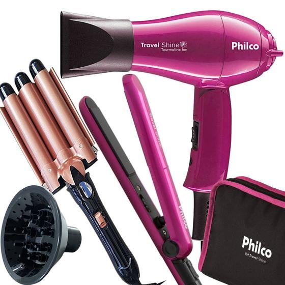 Imagem de Kit Mini Secador De Cabelo Philco 1000w Com Difusor Chapinha Dobravel Pequeno Viagem Com Bolsa Modelador Cachos Triondas Bivolt 