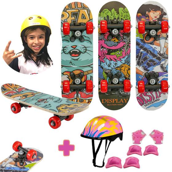 Imagem de Kit Mini Skate Infantil Skat Menina + Capacete Feminino Rosa