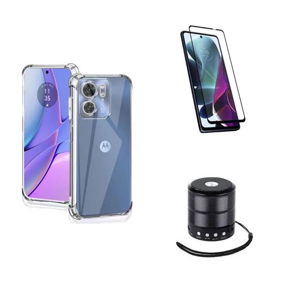 Imagem de Kit Mini Som Bluetooth Moto G14 + Capa Anti Impacto + Película Vidro 3D