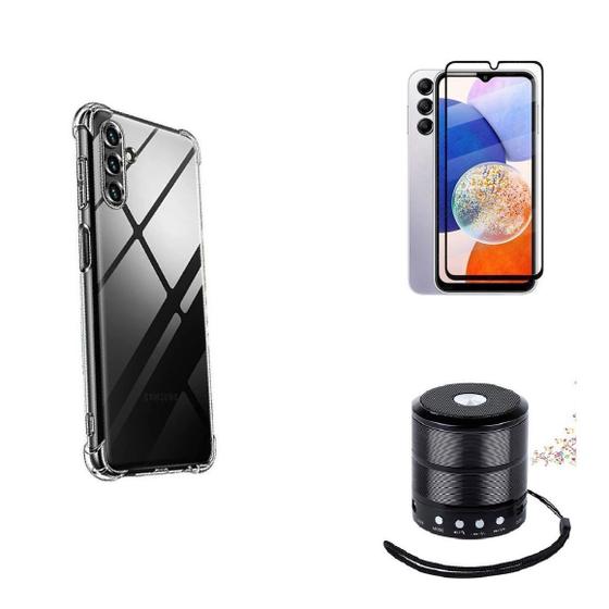 Imagem de Kit Mini Som Bluetooth Samsung A14 + Capa Anti Impacto + Película Vidro 3D