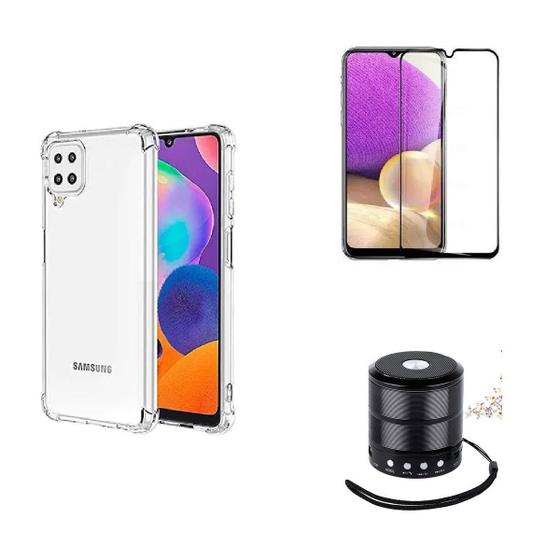 Imagem de Kit Mini Som Bluetooth Samsung A22 4G + Capa Anti Impacto + Película Vidro 3D