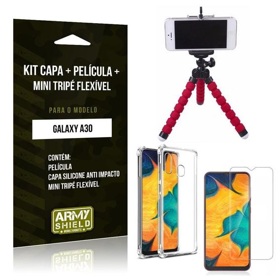 Imagem de Kit Mini Tripé Flexível Galaxy A30 Tripé + Capinha Anti Impacto + Película de Vidro - Armyshield