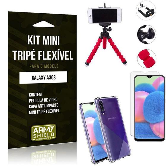 Imagem de Kit Mini Tripé Flexível Galaxy A30S Tripé + Capinha Anti Impacto + Película de Vidro - Armyshield