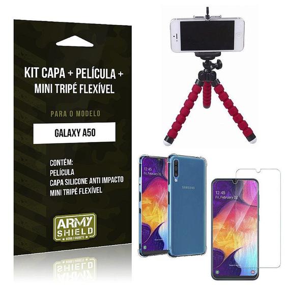 Imagem de Kit Mini Tripé Flexível Galaxy A50 Tripé + Capinha Anti Impacto + Película de Vidro - Armyshield